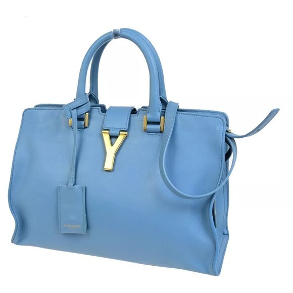 SAINT LAURENT Logo Classic Y Cabas 2 Way Hand Bag Leather Blue Gold 79FB398 - Picture 1 of 15